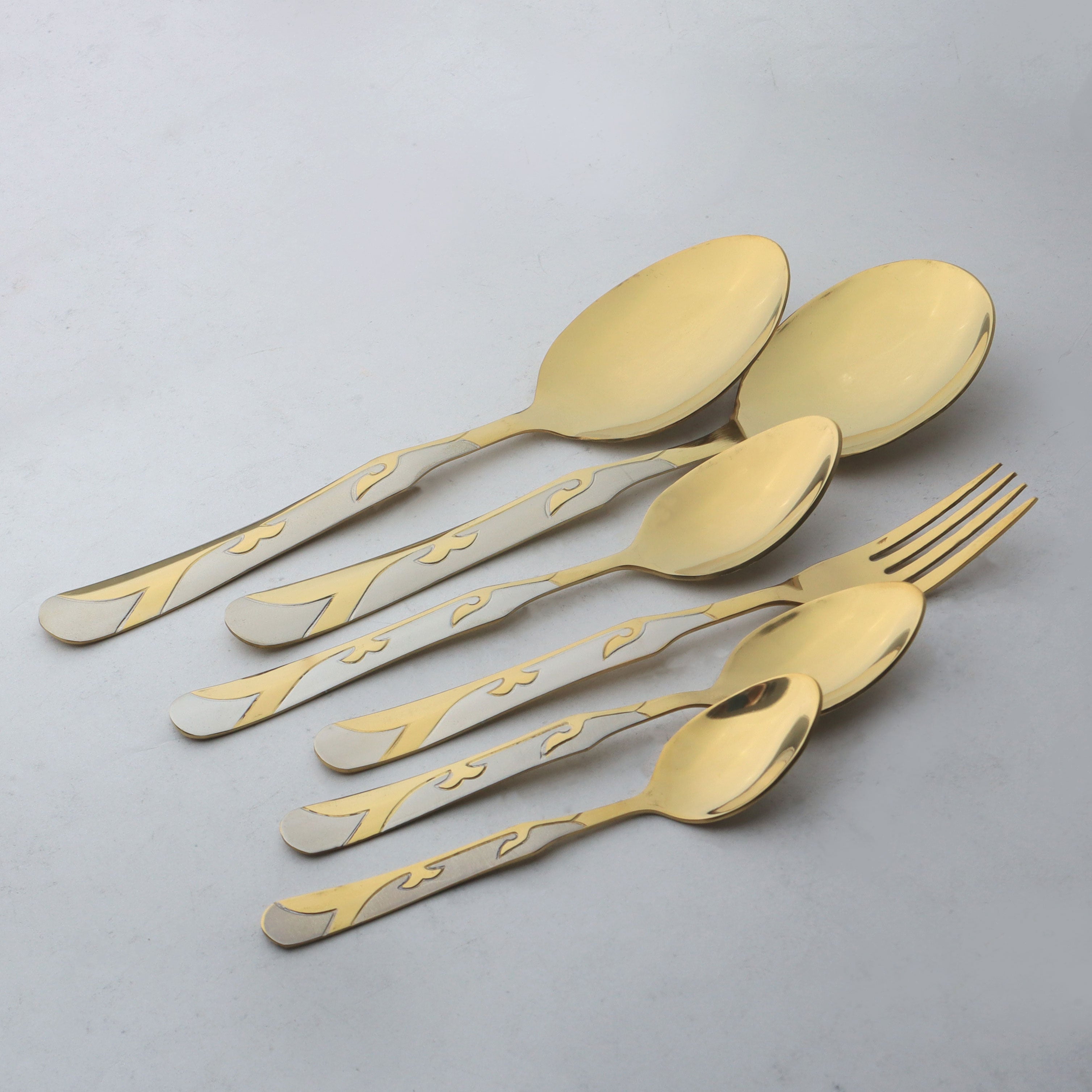 dessert spoons, table spoons, table fork, tea spoons, serving spoons, pvd coating premium quality steel life time coating guaranteed. majestic chef