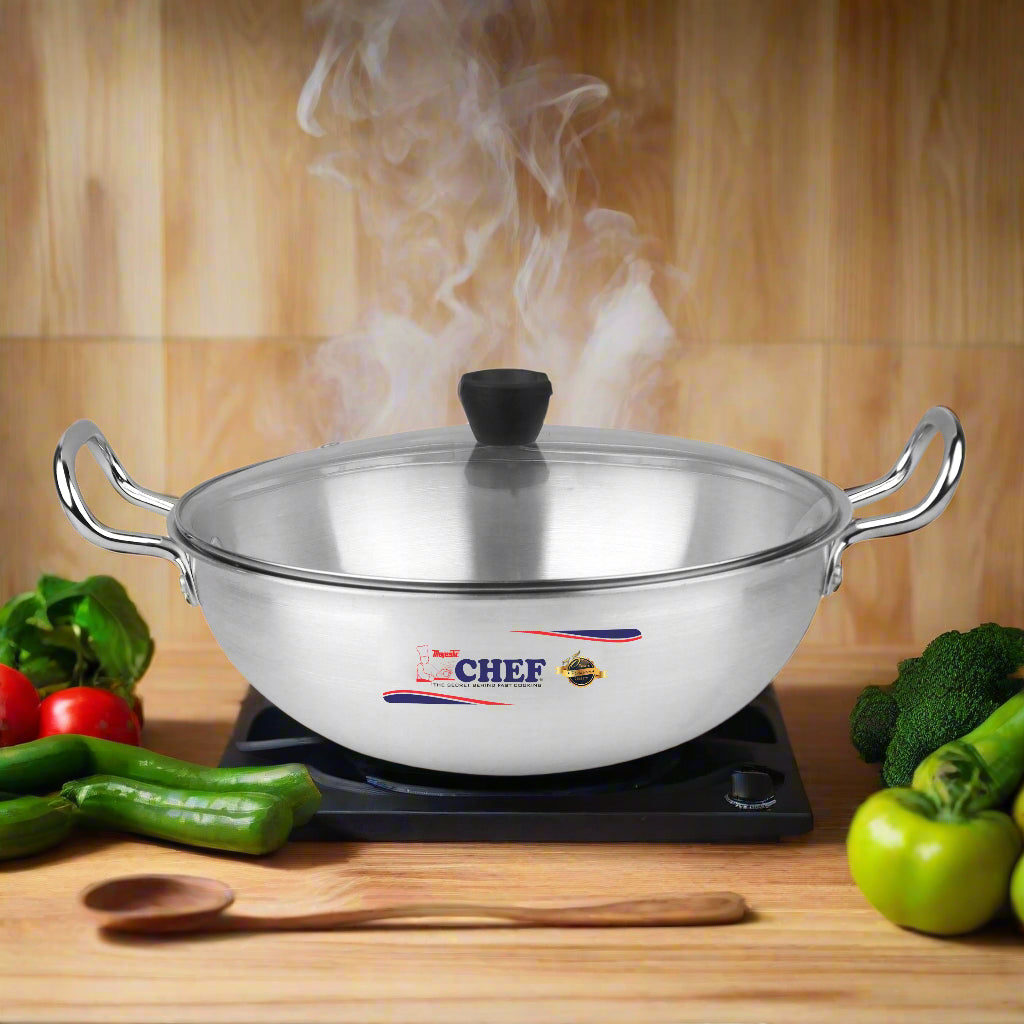 Majestic premium quality silver steel cooking pot with glass lid steel karai at low price big sale