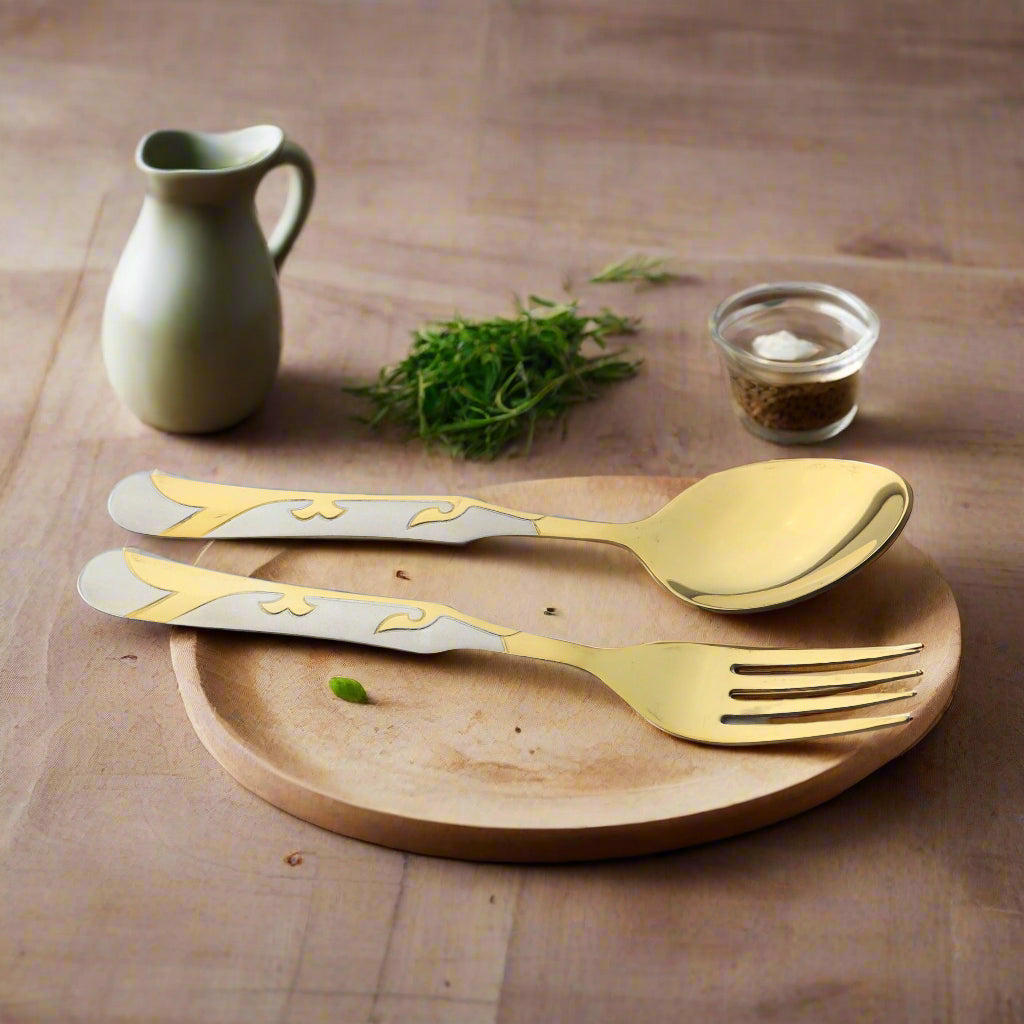 dessert spoons, table spoons, table fork, tea spoons, serving spoons, pvd coating premium quality steel life time coating guaranteed. majestic chef