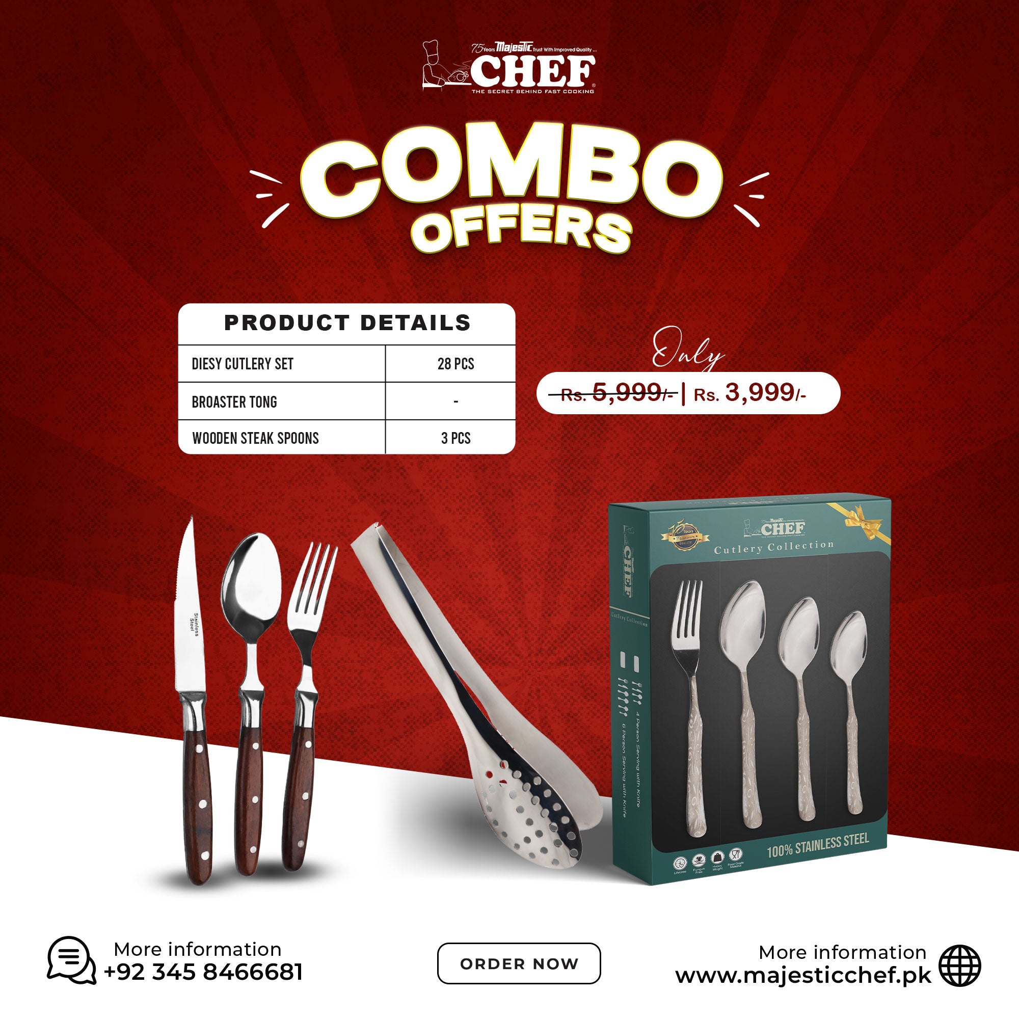 View details for Stainless Steel 28pcs Cutlery set+Steak Fork Spoon And Knife Set Wooden Handle 3 Pcs+Broaster Tong- - Combo Offers Stainless Steel 28pcs Cutlery set+Steak Fork Spoon And Knife Set Wooden Handle 3 Pcs+Broaster Tong- - Combo Offers