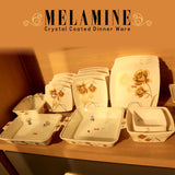 Melamine crystal coated dinnerware set on a wooden surface with 'Melamine' text above.