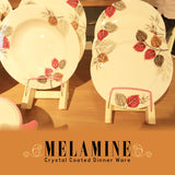 Two melamine dinner plates with floral design on stands, brand 'Melamine' visible.
