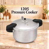 Aluminum pressure cooker with short handles, domed lid and pressure valve