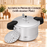 Aluminum pressure cooker with steamer plate, black lid handles, matte silver finish