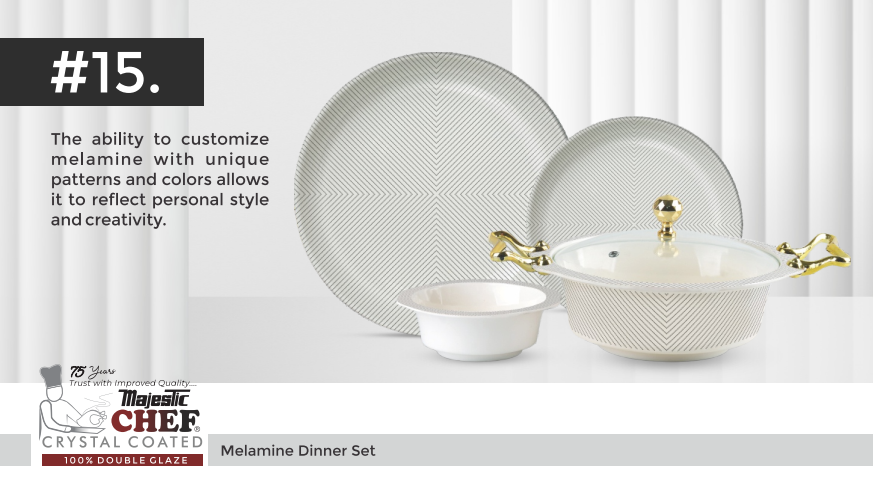 "Affordable melamine dinner set with crystal-coated finish by Majestic Chef – top cookware brand in Pakistan, available at low price on MajesticChef.pk