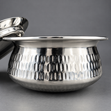 Stainless Steel Serving Handi with Lid – Hammered Finish for Curry, Karahi & Biryani