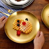 Stainless Steel Gold Plated Serving Tray Metal Platter Reusable Dishwasher Safe Dinner Plates Round Dinner Dishes Decorative Storage Tray - KOREAN