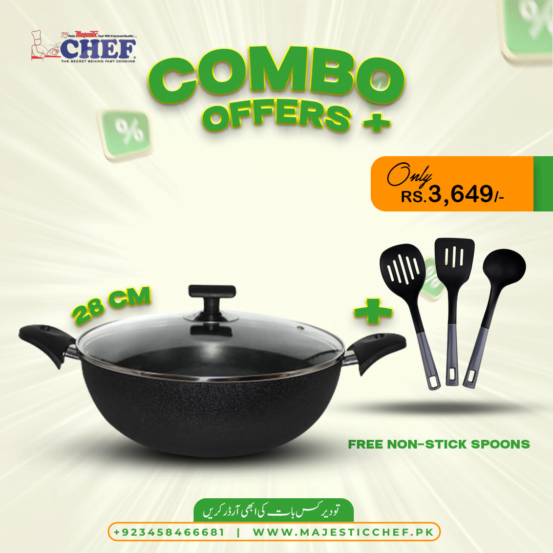 Chef Nonstick Wok / Karahi 28 cm With Free NS Cooking Spoons