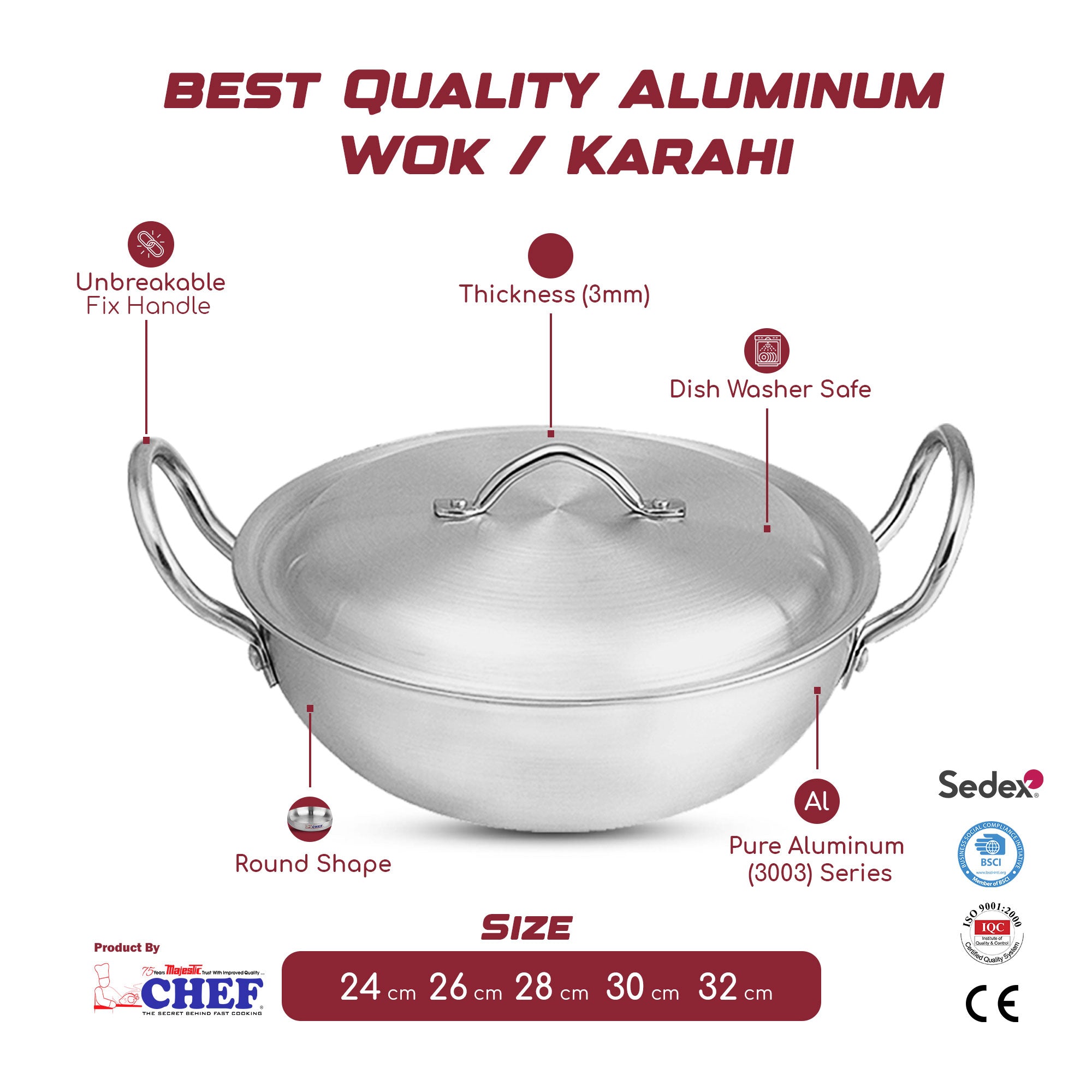 high quality silver steel wok - karahi with thickness of 3mm round shape with aluminum lid chrome handle from best cookware brand in Pakistan - majestic chef cookware