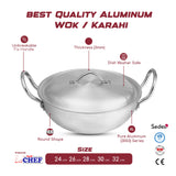 high quality silver steel wok - karahi with thickness of 3mm round shape with aluminum lid chrome handle from best cookware brand in Pakistan - majestic chef cookware