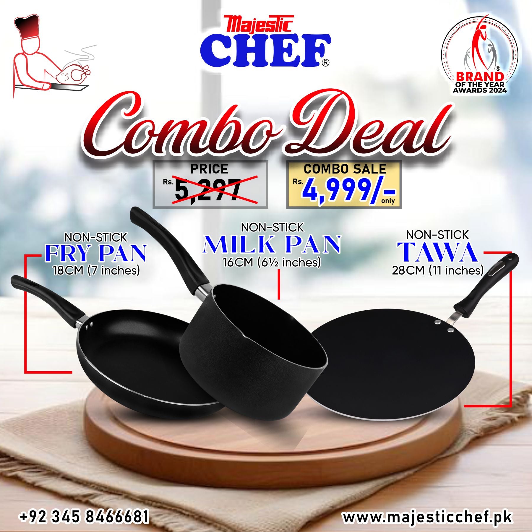 Majestic Chef non-stick cookware set with combo deal pricing on a blurred background