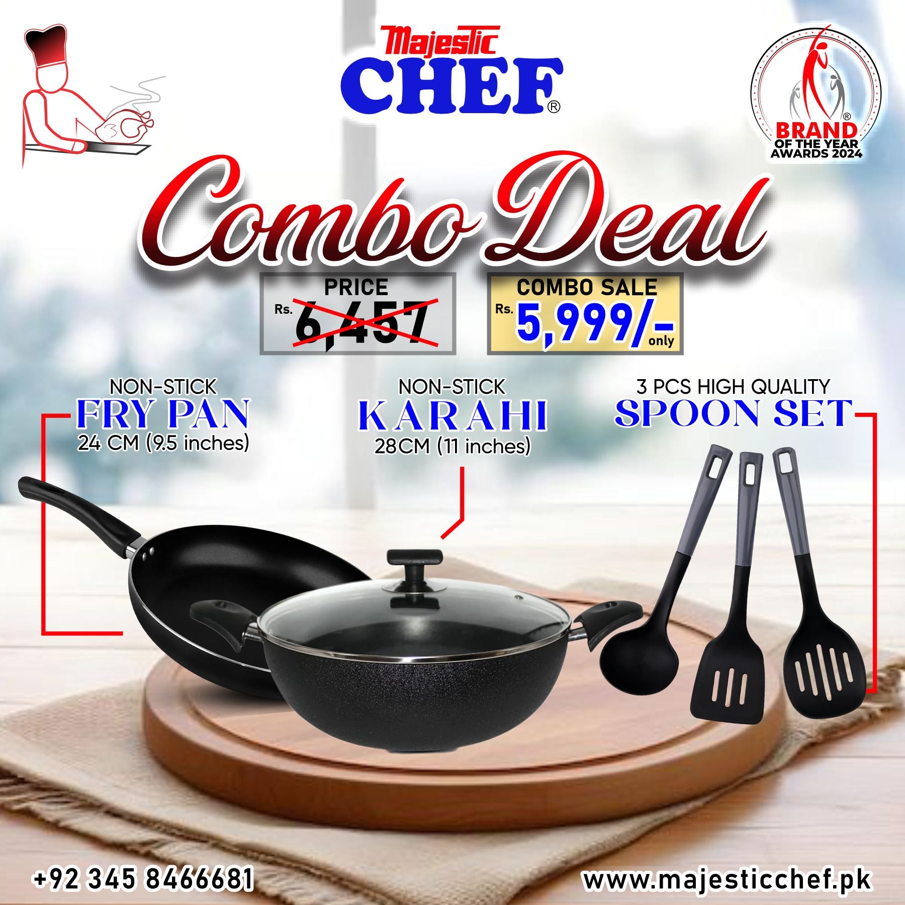 Majestic Chef cookware set with non-stick fry pan, karahi, and spoon set on a wooden board.