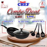 Majestic Chef cookware set with non-stick fry pan, karahi, and spoon set on a wooden board.