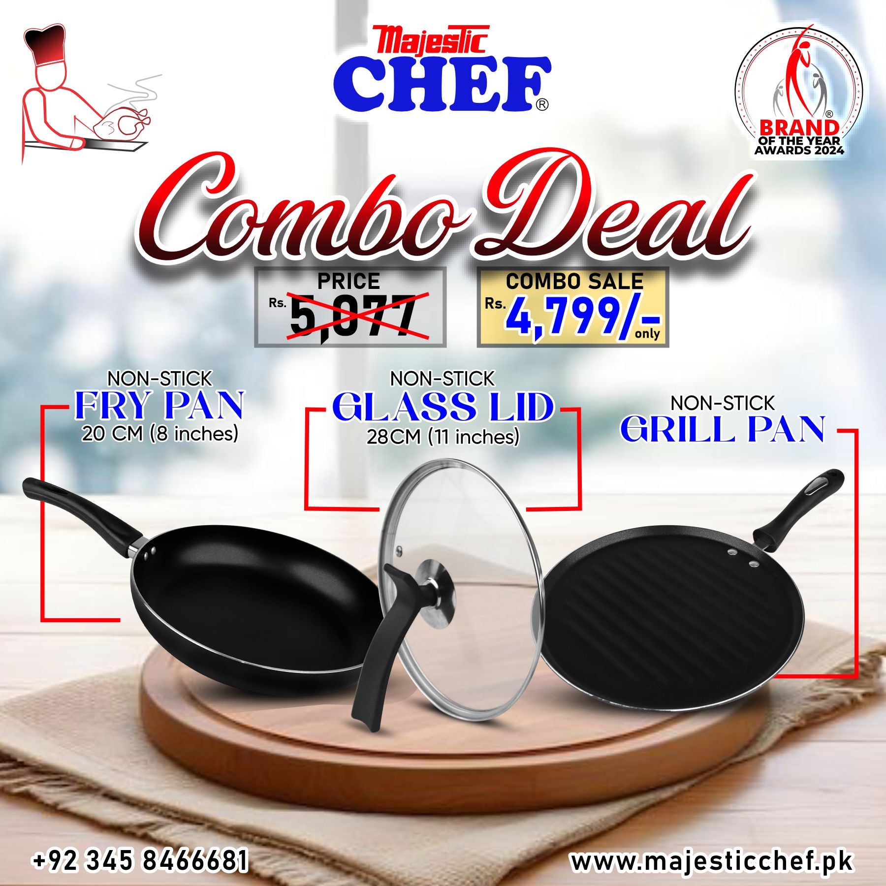 Majestic Chef cookware set with non-stick fry pan, glass lid, and grill pan on a wooden stand.