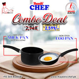 Majestic Chef combo deal with non-stick milk pan and egg pan on a wooden board.