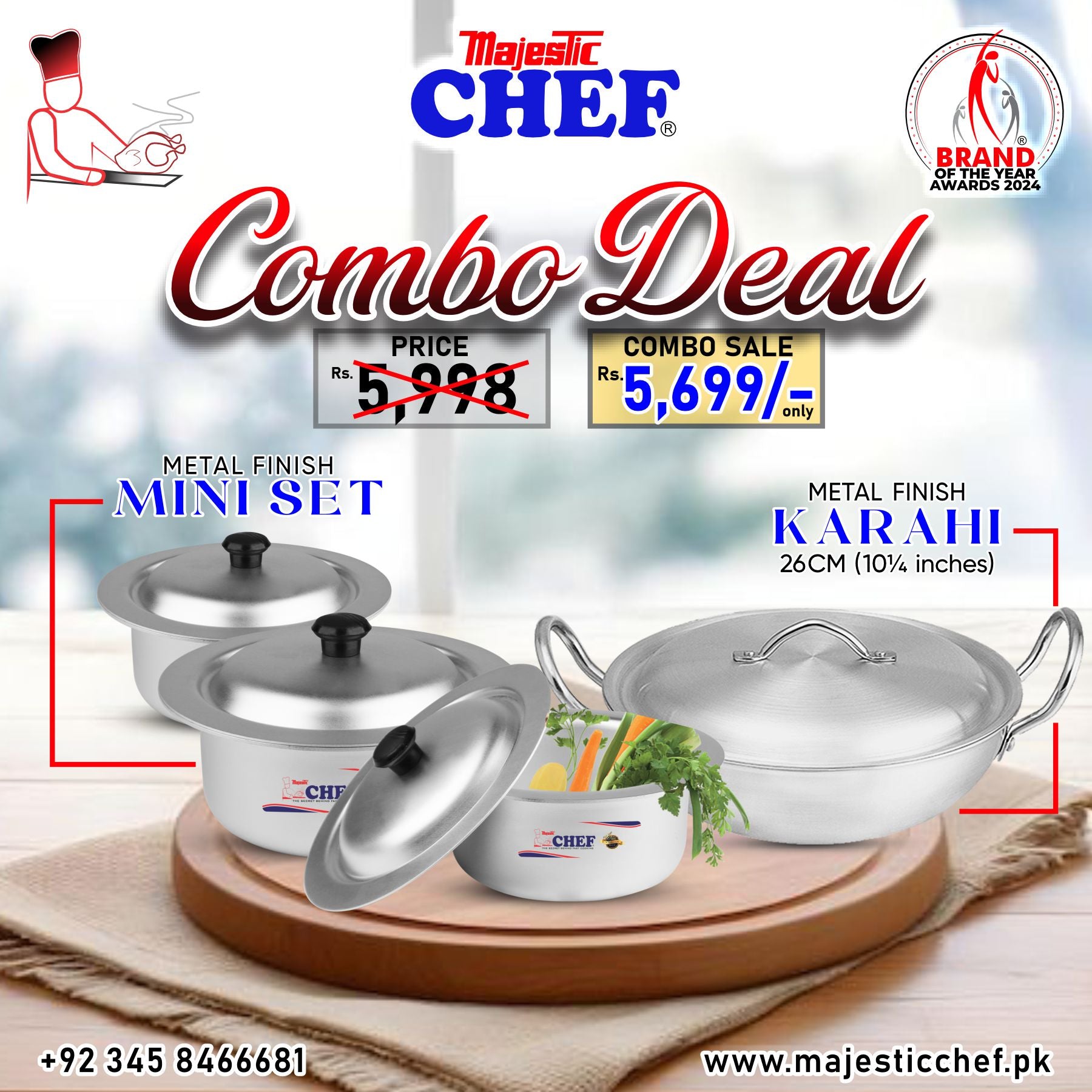 Majestic Chef cookware set with combo deal pricing on a blurred background