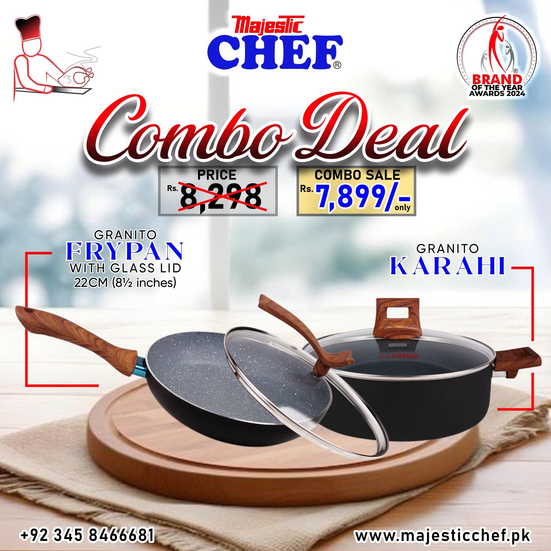 Majestic Chef combo deal with Granito Frying Pan and Karahi on a wooden board.