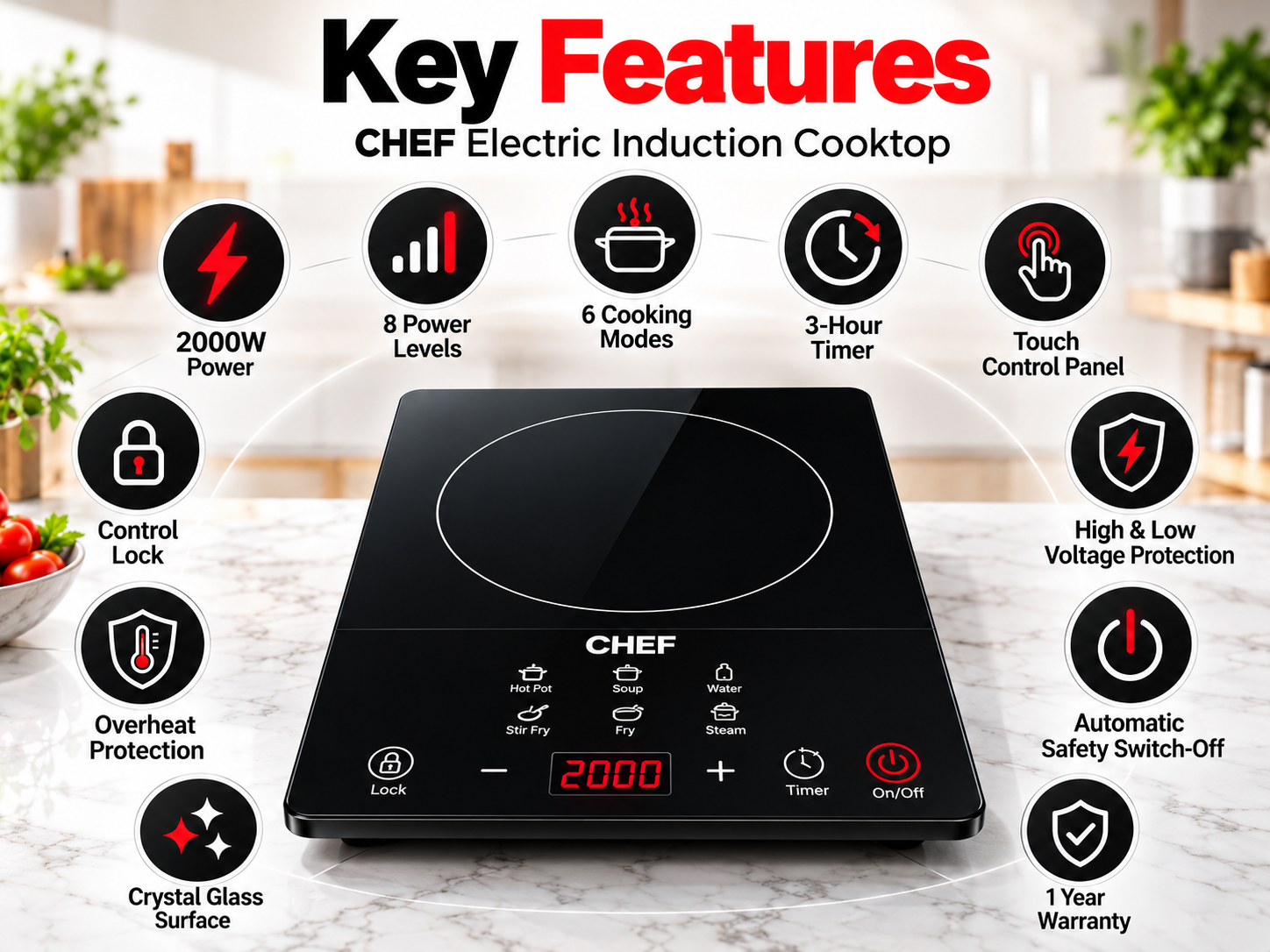 Black electric induction cooktop with touch control panel, 6 cooking modes, timer