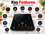 Black electric induction cooktop with touch control panel, 6 cooking modes, timer