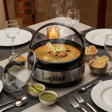 Stainless steel food container with black handle and 'Master Chef' branding on a light gray background