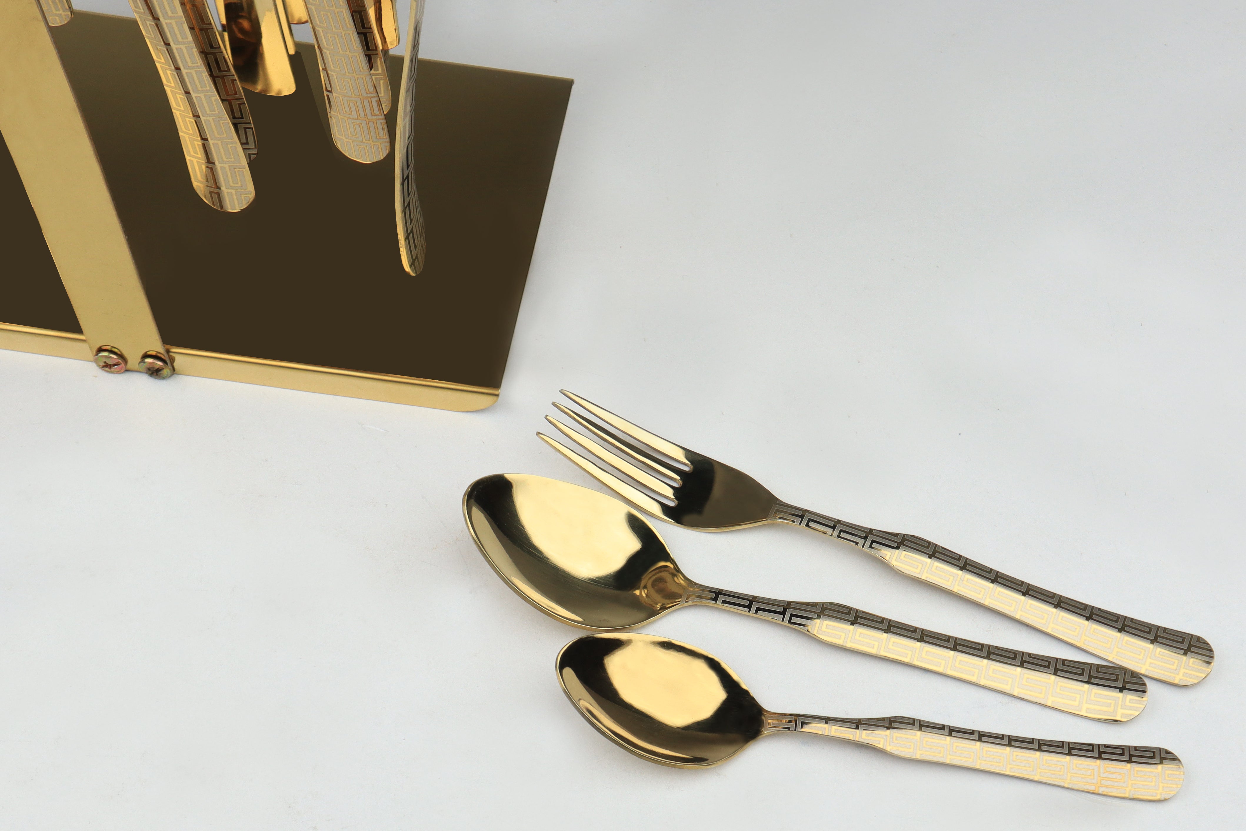 Stainless Steel PVD Gold Plated Cutlery Set 28 Pcs With Stand - Versace Design