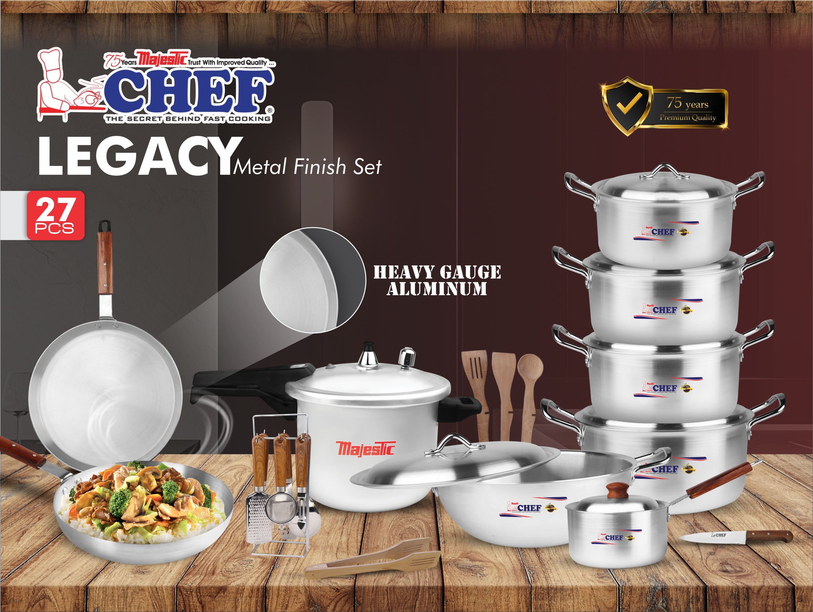 Majestic cookware best silver steel legacy metal finish cooking set 27 pcs aluminum gift set at low price in Pakistan from best cookware brand chef cookware