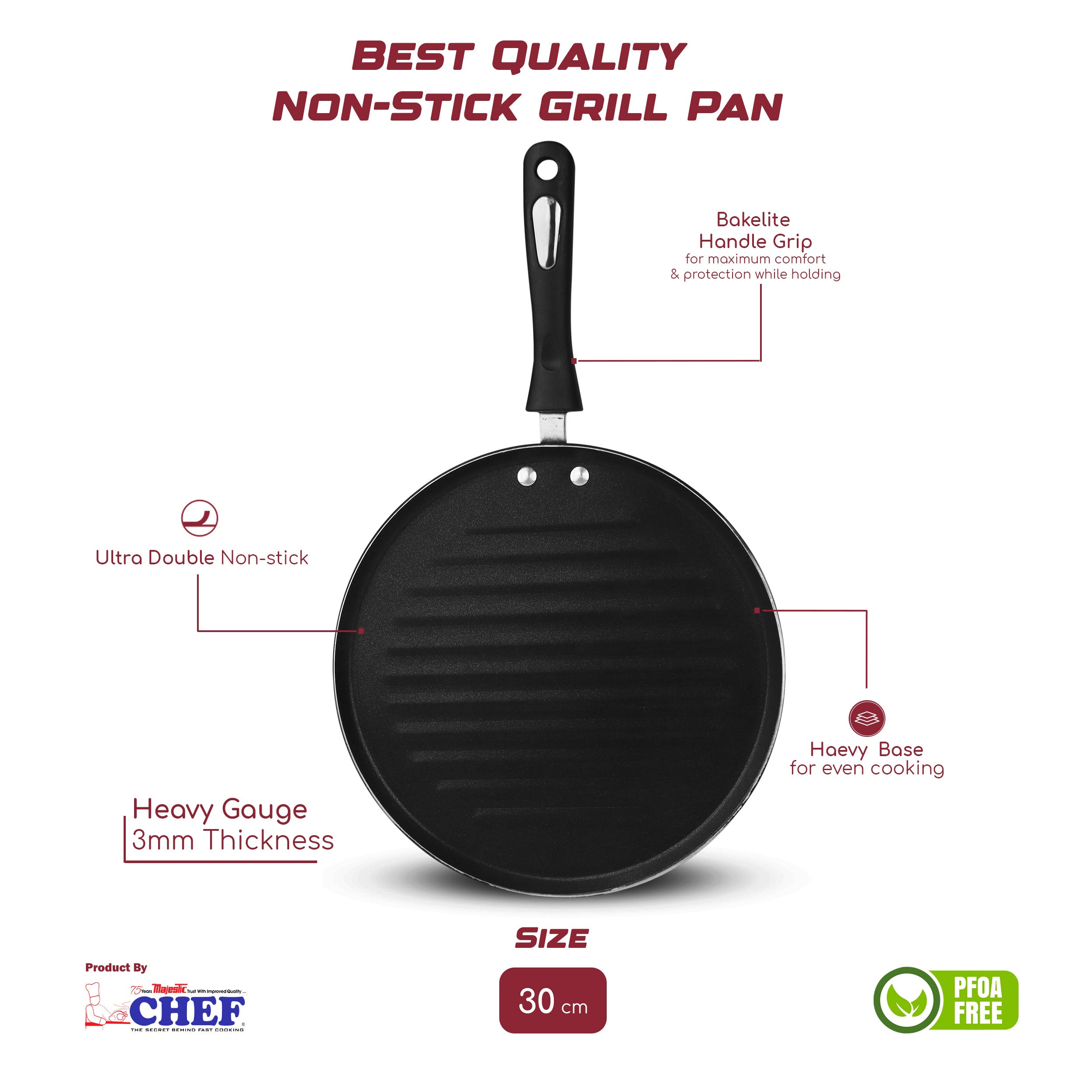 nonstick grill pan heavy base , heavy guage ultra durable coating bakelite handle grip at best price in Pakistan - chef cookware