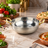Majestic Chef Hammered Stainless Steel Serving Karahi with Golden Handles