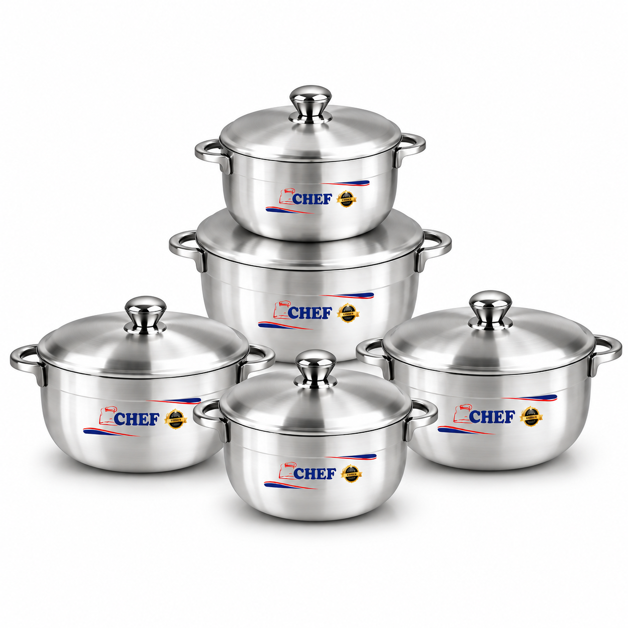 Aluminium cookware set with five pots, each with a domed lid and metal side handles