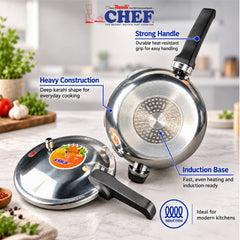 Chef Cookware Induction Bottom Karahi Pressure Cooker with Glass Lid