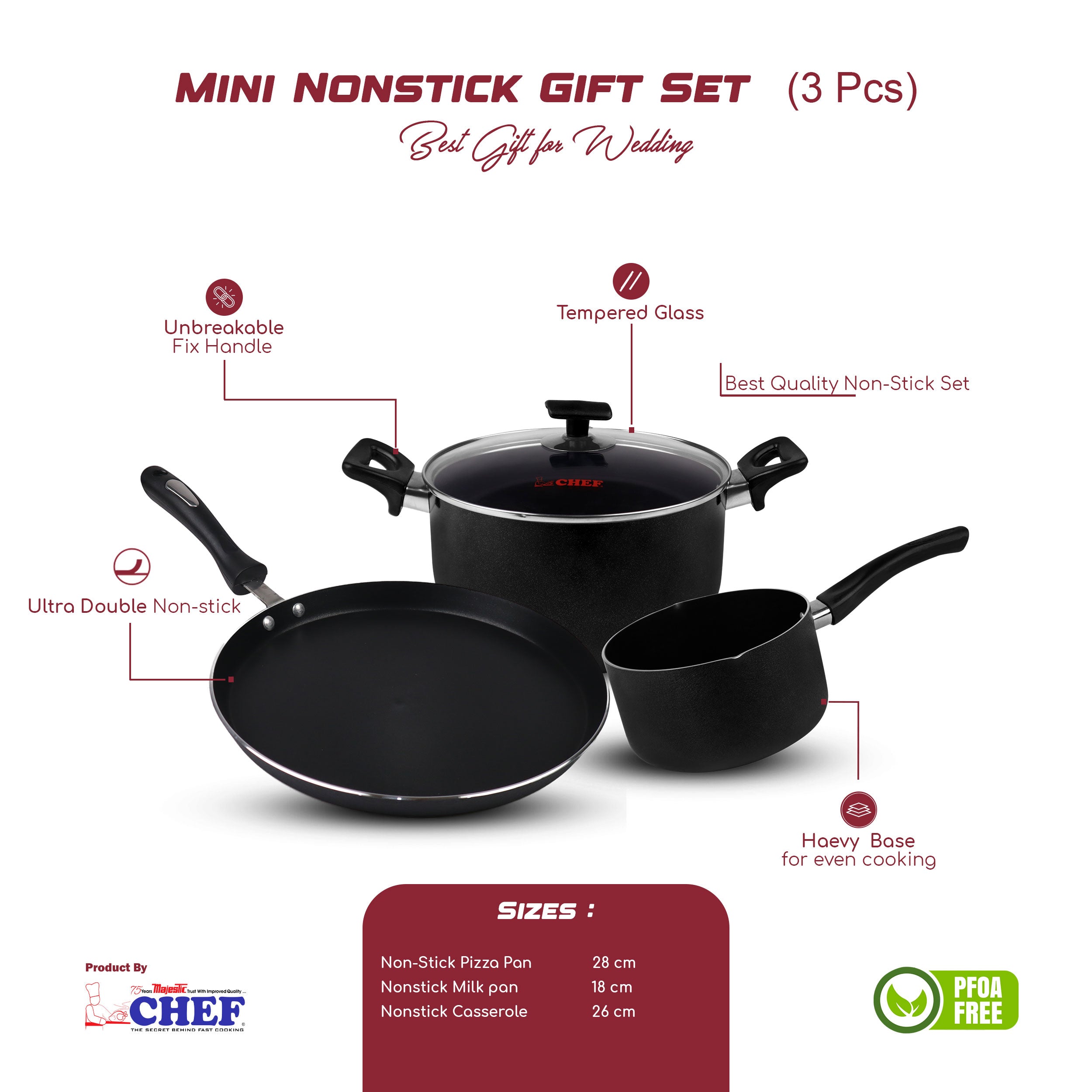Majestic Premium Quality Mini Nonstick Gift Set 3 Pcs Kitchen Set - Pizza Pan Casserole & Milk Pan / Trio Series