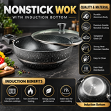 Premium Granite Nonstick Wok with Glass Lid – Induction Bottom