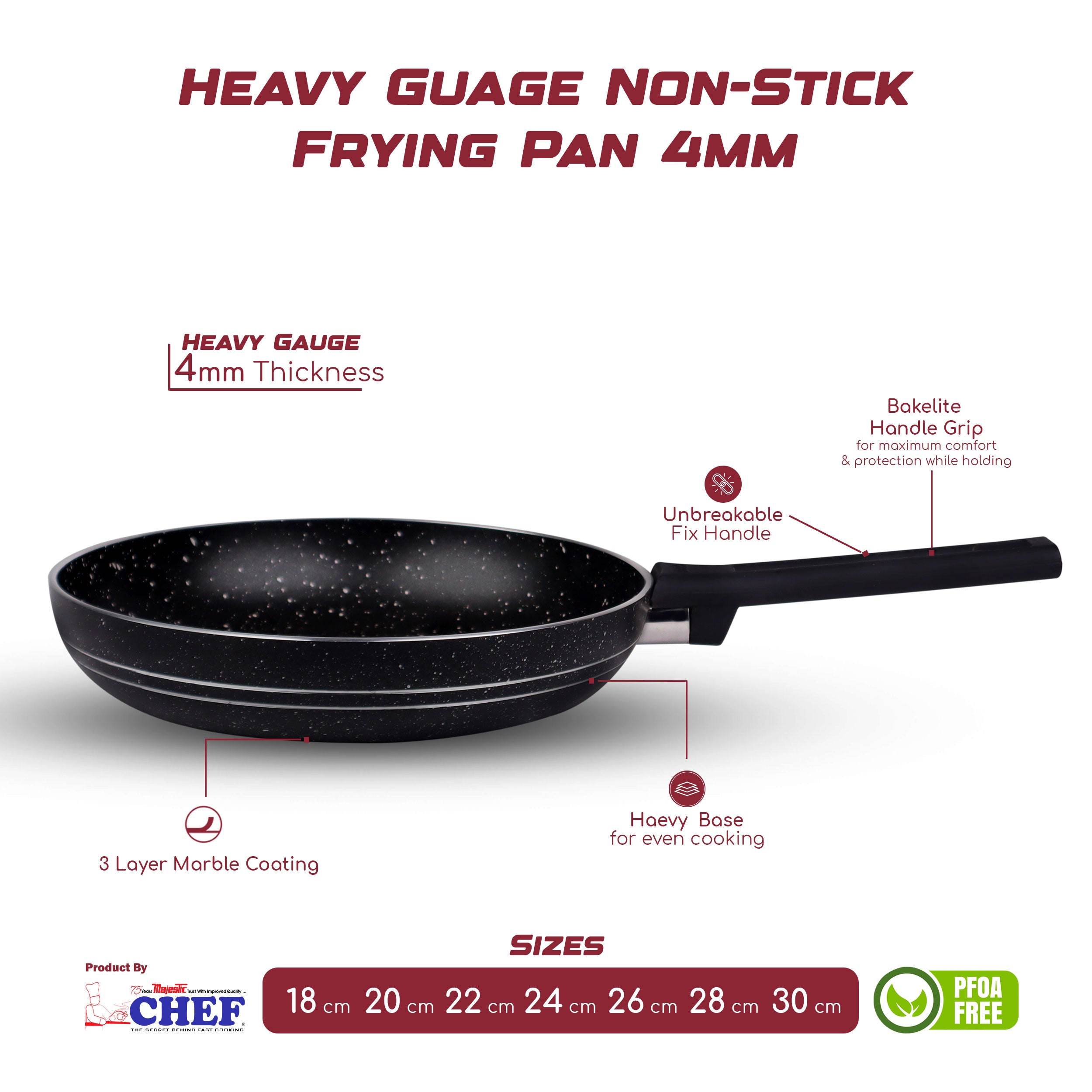 nonstick marble coating round frying pan heavy guage 4mm with groosing cooking pan - majesticchef.pk