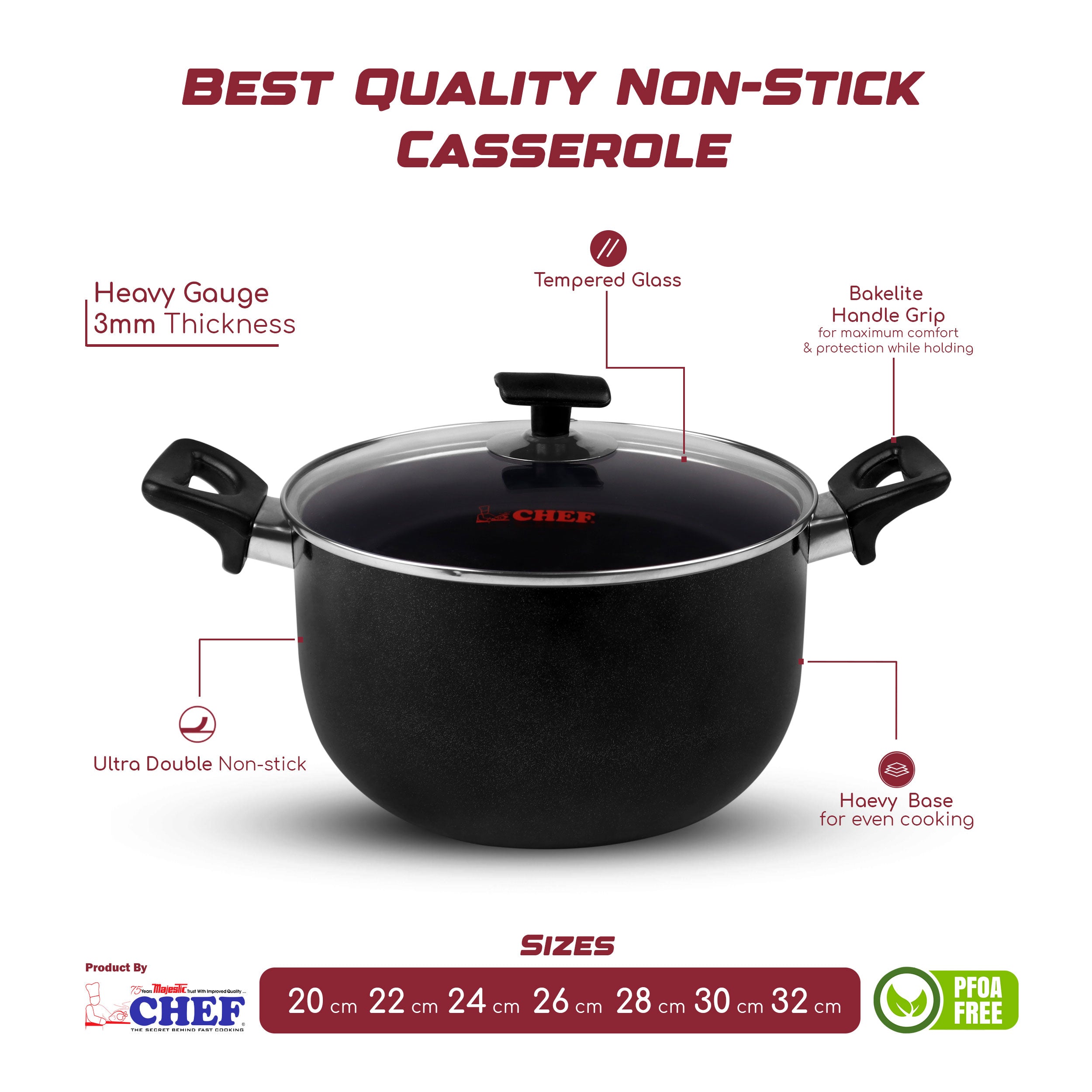 majestic chef premium quality aluminum nonstick coated cooking pot | casserole with tempered glass lid and stay cool bakelite handle at best price in Pakistan