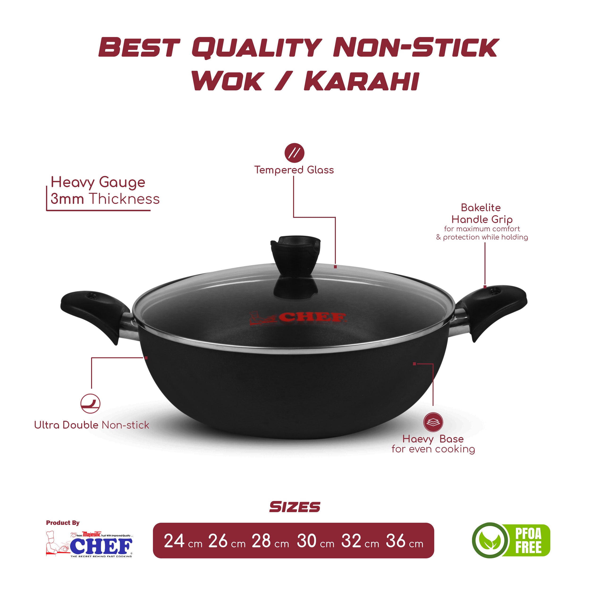 majestic chef premium quality nonstick wok | karahi with tempered glass lid at best price in Pakistan