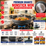 Premium Granite Nonstick Wok with Glass Lid – Induction Bottom