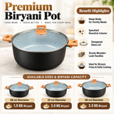 Nonstick biryani pot with glass lid and wood-texture handles, speckled interior