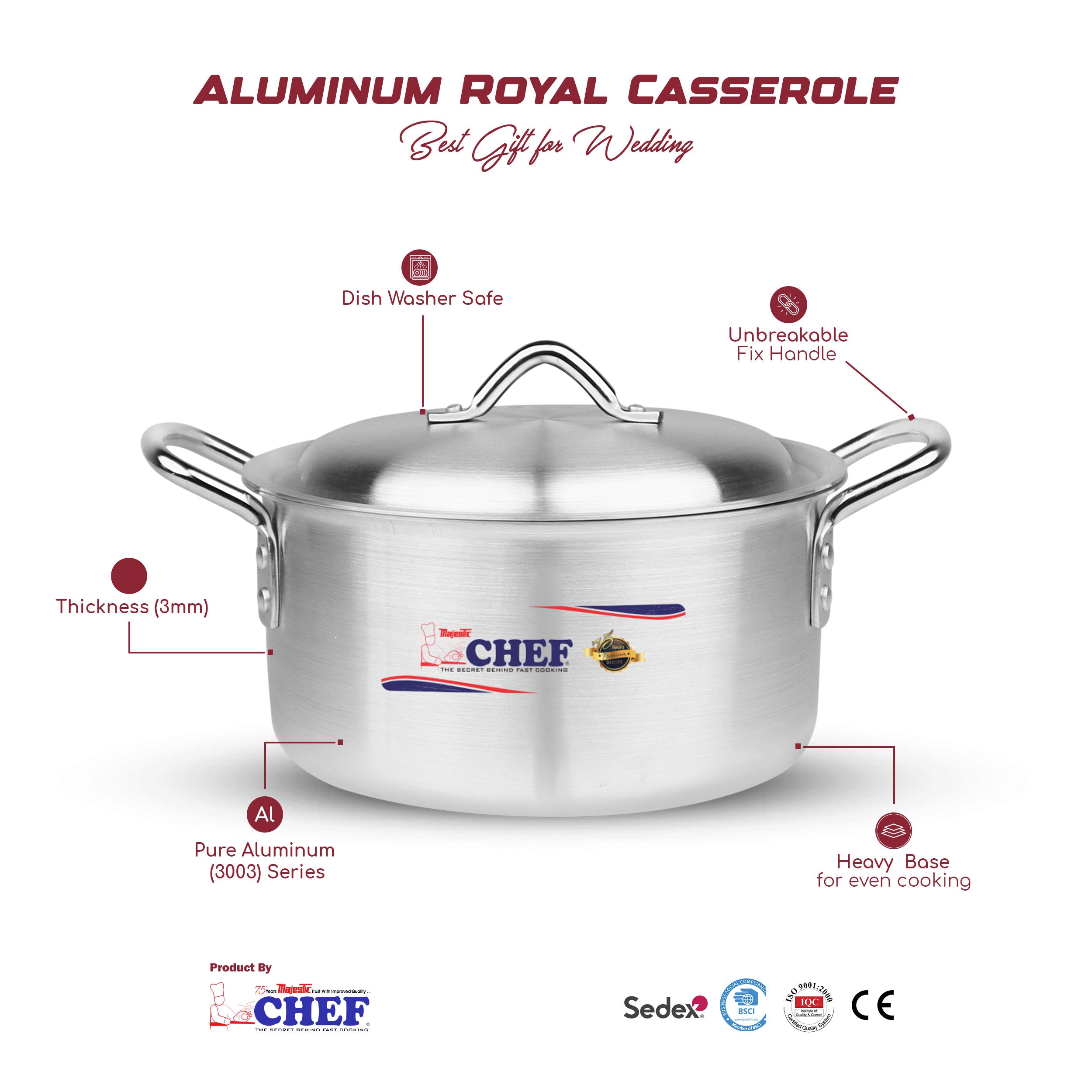 majestic premium quality silver steel aluminum high polish cooking pot with handle and lid including chrome handle from best cookware brand in Pakistan