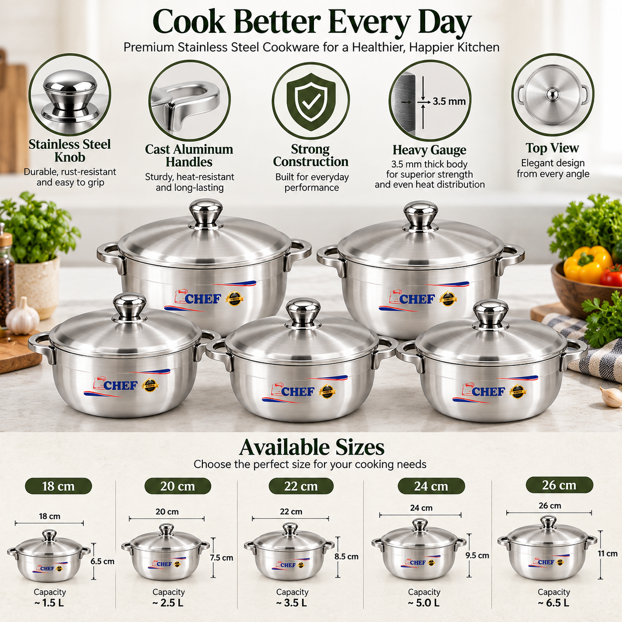 Aluminium cookware set with matching lids in multiple sizes, metal knob tops and handles