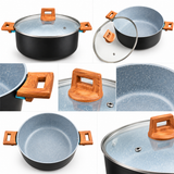 Nonstick biryani pot close-up: glass lid, black body, wood-texture side handles