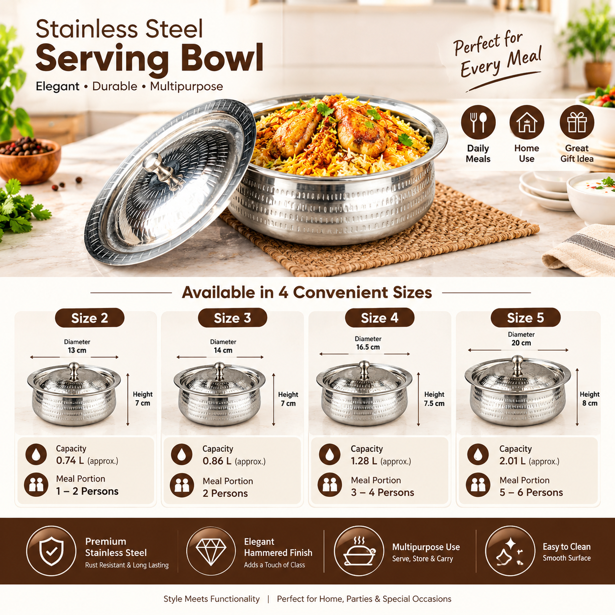 Majestic Chef Hammered Stainless Steel Serving Karahi with Hammered Lid Non-Magnet Food Grade Material