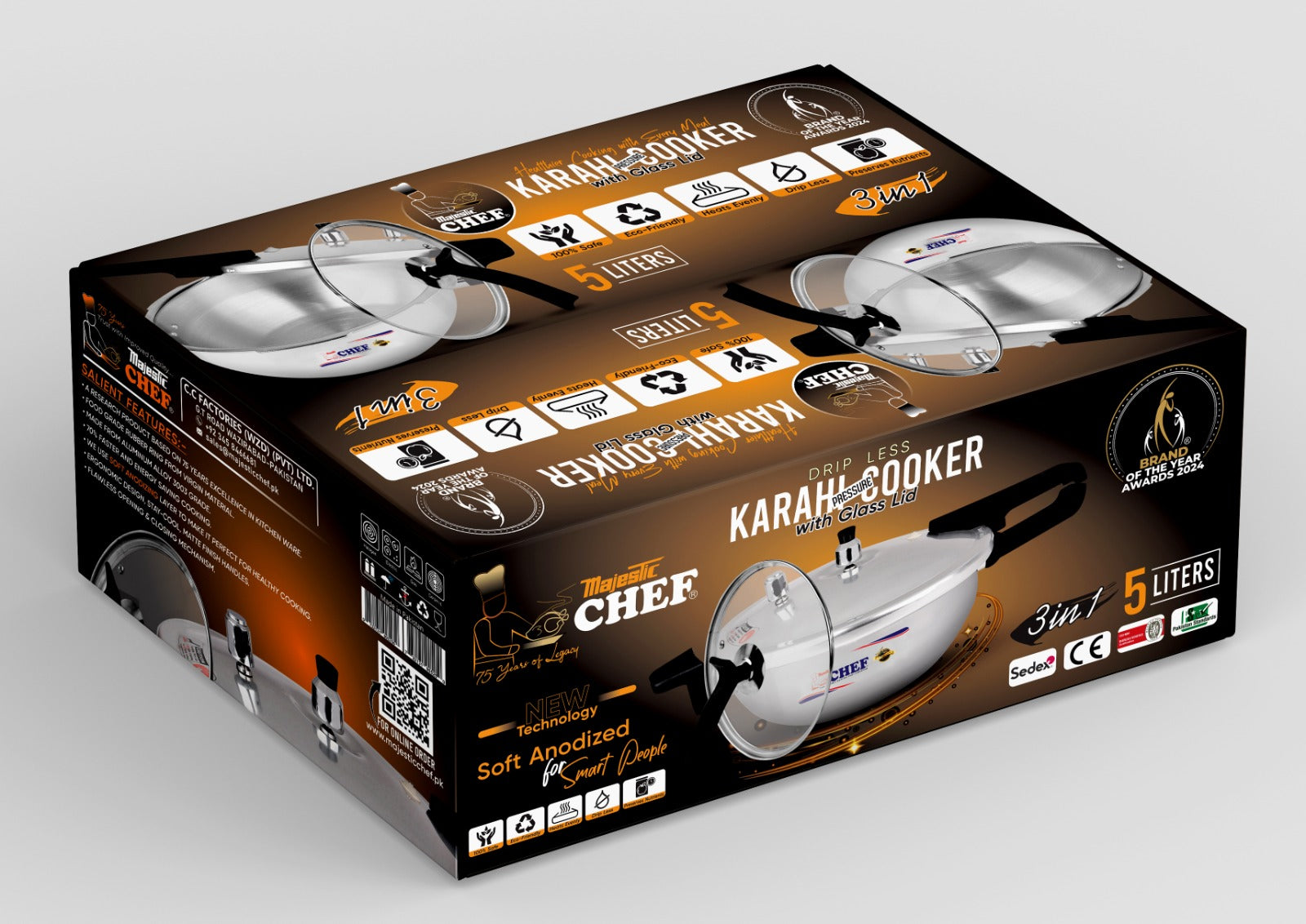 Majestic Chef karahi pressure cooker with glass-lid packaging