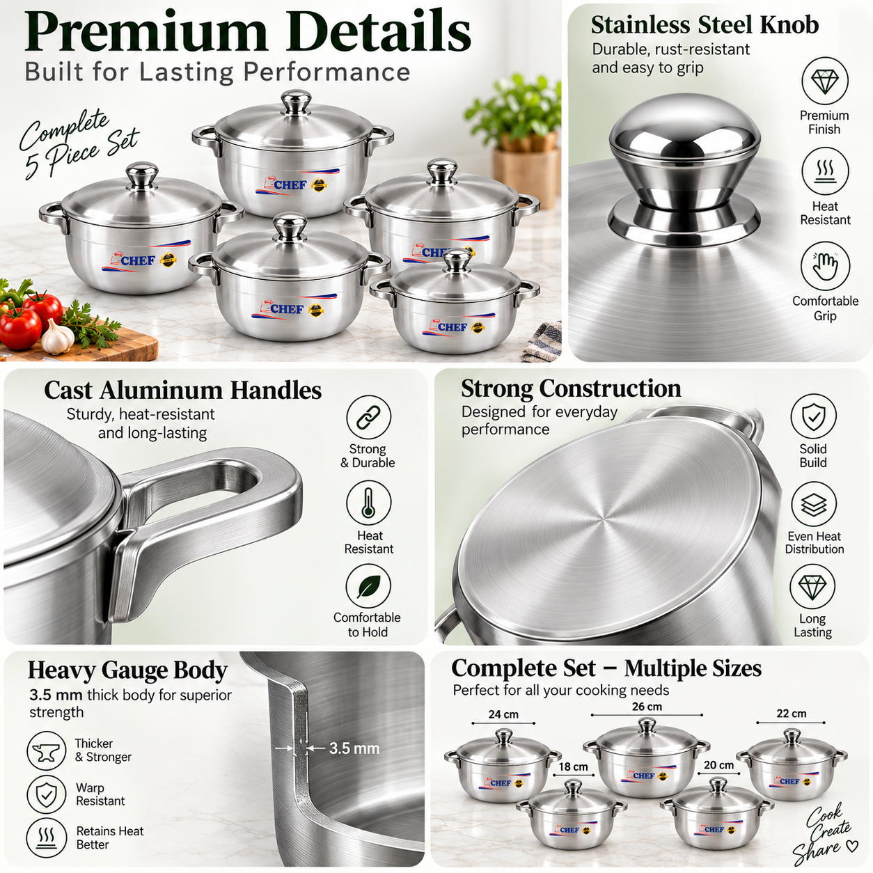 Aluminium cookware set with cast side handles and matching domed lids, multiple pots