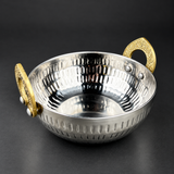Premium Stainless Steel Serving Handi with Golden Handles – Elegant Hammered Design.