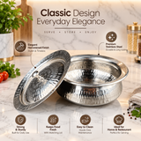 Stainless Steel Serving Handi with Lid – Hammered Finish for Curry, Karahi & Biryani