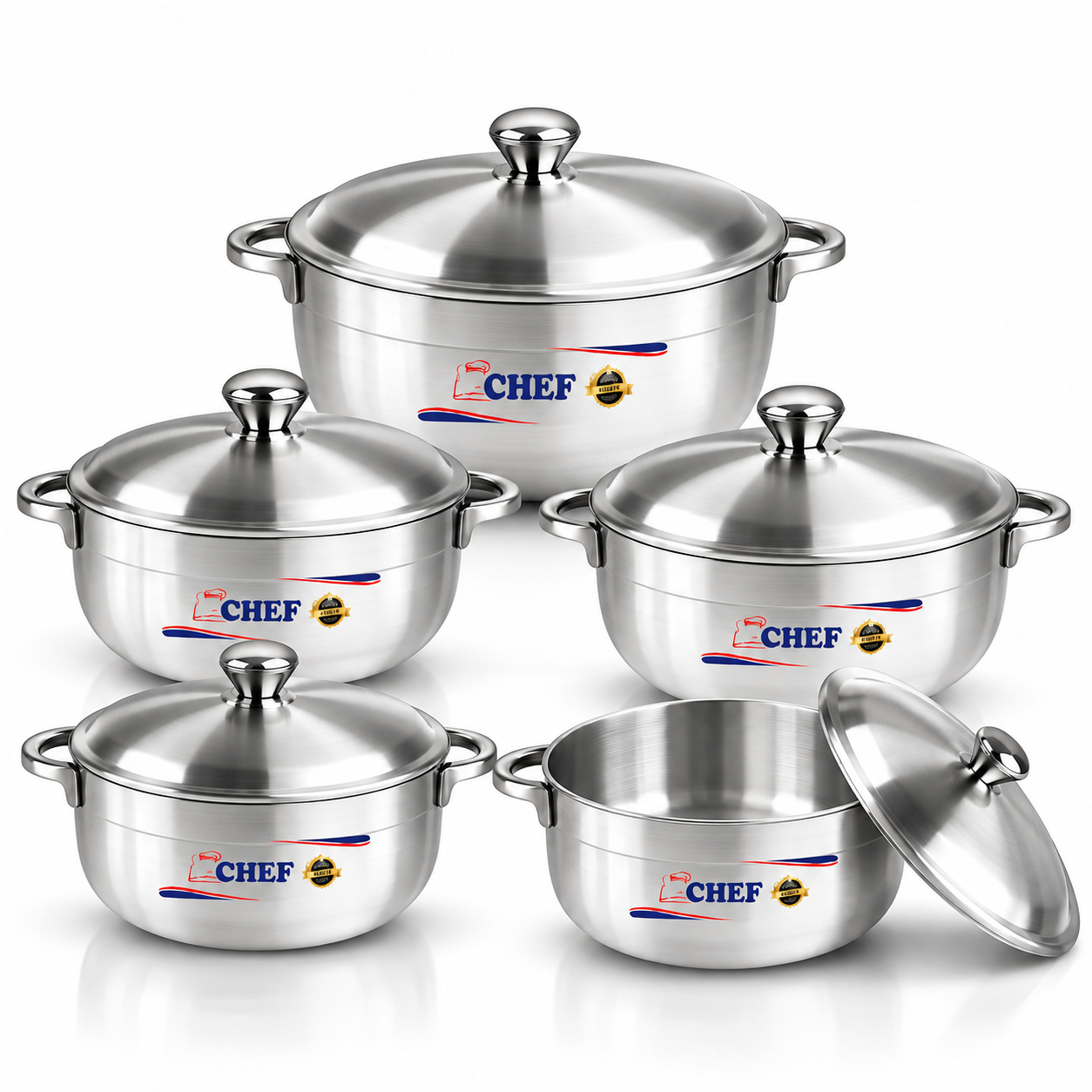 10-piece aluminium cookware set with polished metal pots and matching domed lids