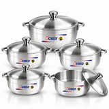 10-piece aluminium cookware set with polished metal pots and matching domed lids