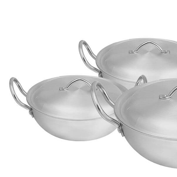 high quality silver steel wok - karahi with thickness of 3mm round shape with aluminum lid chrome handle from best cookware brand in Pakistan - majestic chef cookware