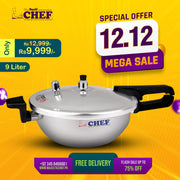 CHEF Aluminum Pressure Cooker Karahi with FREE Glass Lid 3 In 1 - 9 Liter