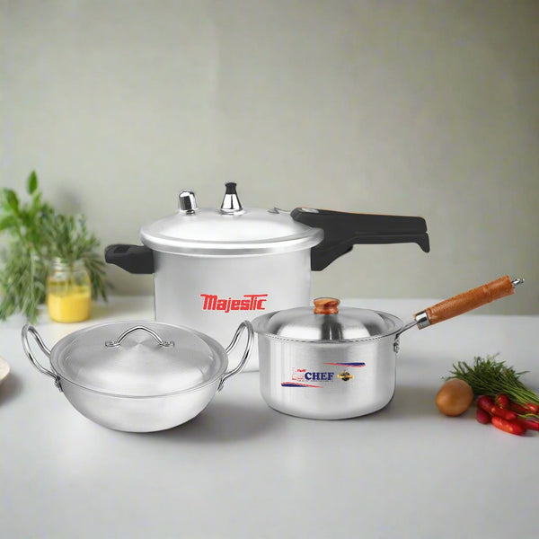 Majestic Aluminum Mini Gift Set 3 Pcs - Pressure Cooker Wok & Sauce Pan / Trio Series -Deal #14